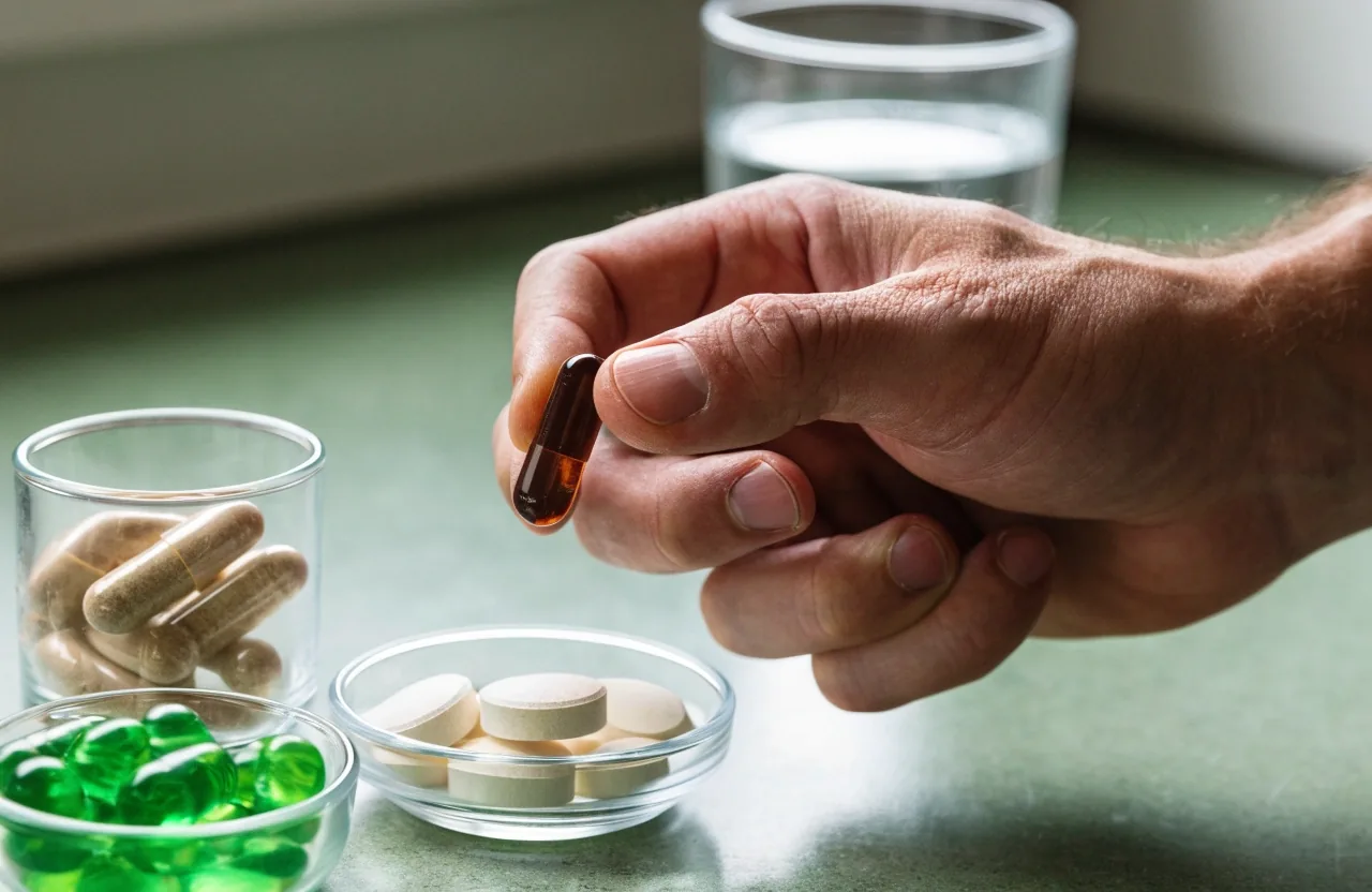 Plain capsule, tablet i żelki ułożone w rzędzie na zielonej macie przy porannym świetle