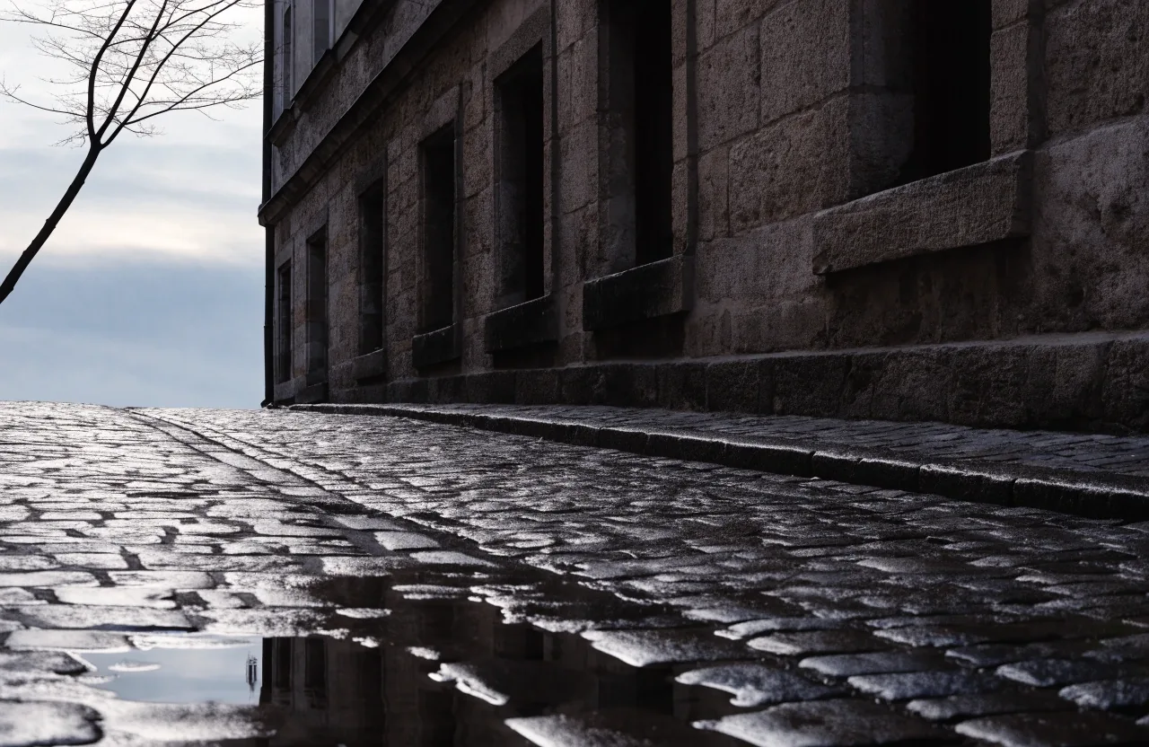 Krakówska kamienica o świcie, widok z ulicy w górę